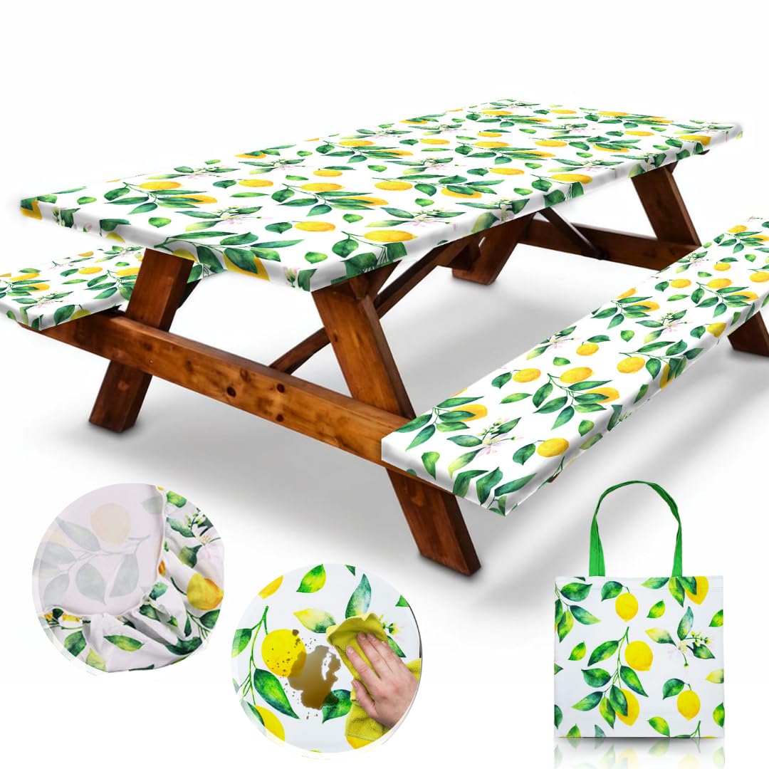RNOONY Vinyl Fitted Picnic Table Cover with Bench Covers & Bag, 6 FT Outdoor Waterproof & Windproof Durable Tablecloth with Elastic Edges, Camping Essentials, RV Gear, 72x30 Inches - Black Checkered
