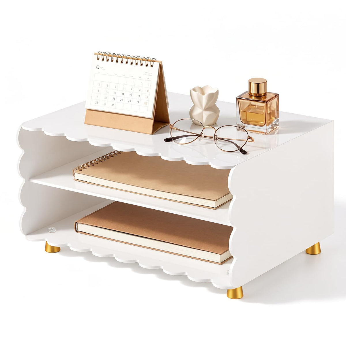 2+1 Tier Paper Letter Tray,Acrylic Desk Organizer with Scalloped Edge& Gold Metal Feet,Top Display Design,Space Saving Clear Organizer for Women, A4 File, Letter, Books,Notes,Home & Office