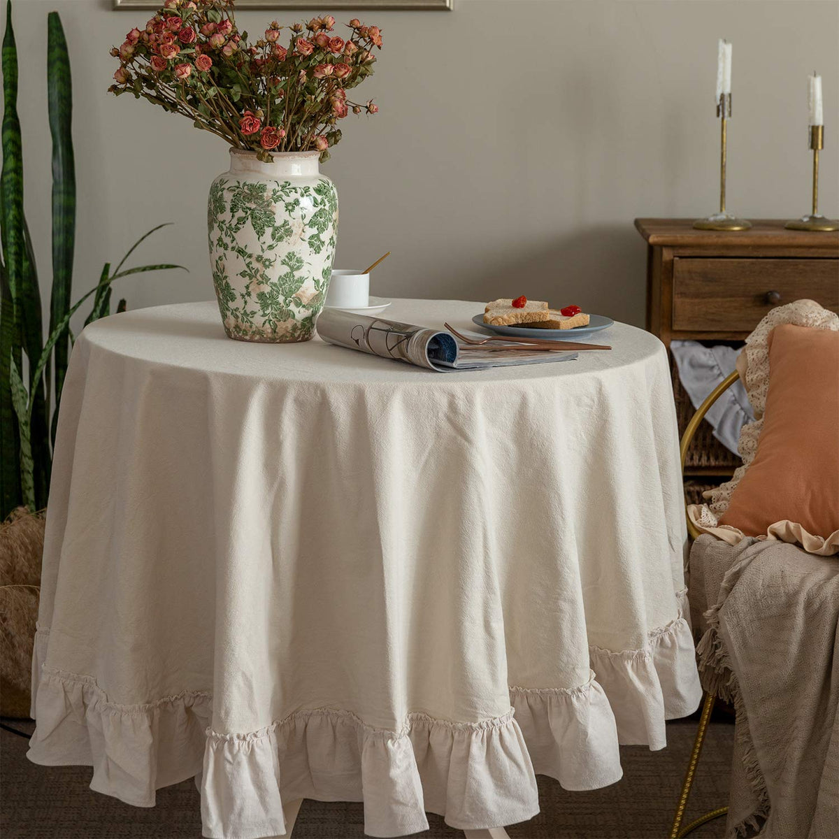 GLORY SEASON Retro Farmhouse Ruffle Tablecloth Cotton Flounces Trim Washable Table Cover Tablecloths for Rectangle Table Baby Shower Kitchen Party Wedding Decor 60''x84''