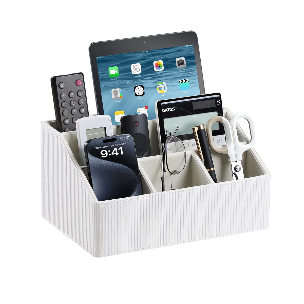 PU Leather Desk Organizer, Remote Control Holder (Brown)