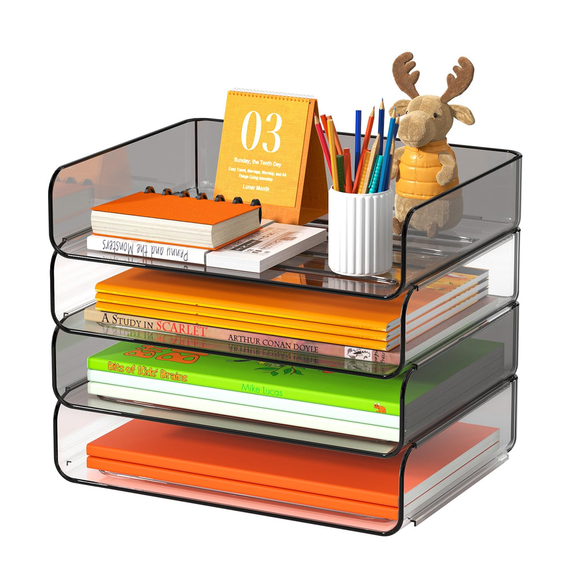 FANXIYQ 4-Tier Acrylic Paper Tray Organizer, Clear Stackable Desk File Organizer for Documents, Files, Letters, A4 Paper, Books, Notes, Mail & Paper Storage, Office Classroom Home