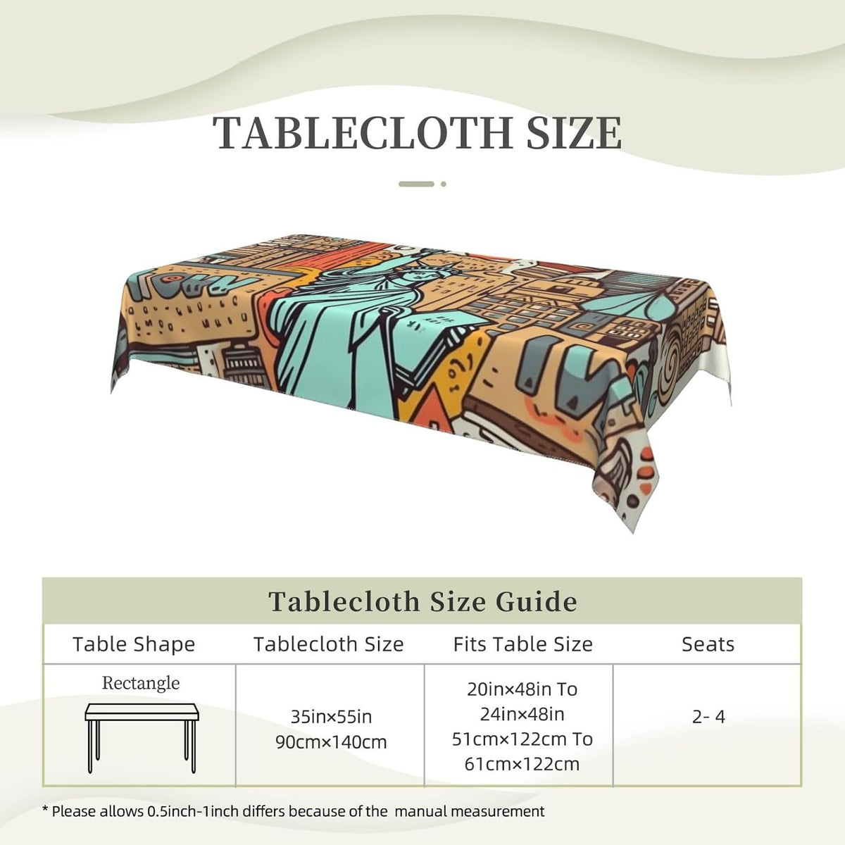 Cartoon Cute New York American Theme Art Tablecloths for Rectangle Tables, Stain and Wrinkle Resistant Washable Table Cover Modern 55" X 35" Table Cloth for Kitchen Dining Picnic Party Decor