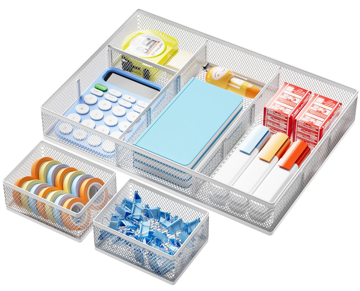 Marbrasse 3 Packs Desk Drawer Organizers, Metal Mesh Dividers Desk Drawer Organizer Tray with 9 Adjustable Compartments, Pen Organizer for Drawer Tray Box Accessories for Desktop,Kitchen, Makeup