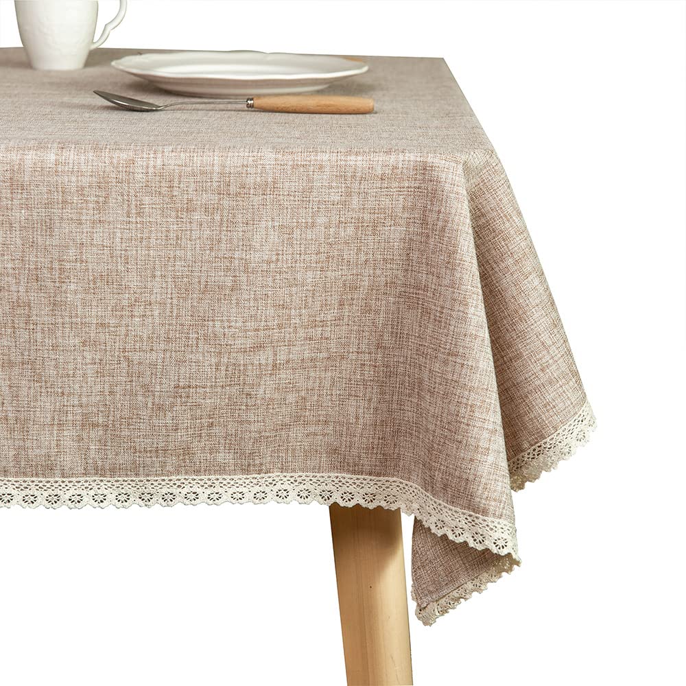 GLORY SEASON Linen Rustic Burlap Washable Tablecloth,Solid Heavy Weight Tan 55 x 70 Rectangle Overlay Lace Edge Table Cover for Kitchen Dinning Decoration