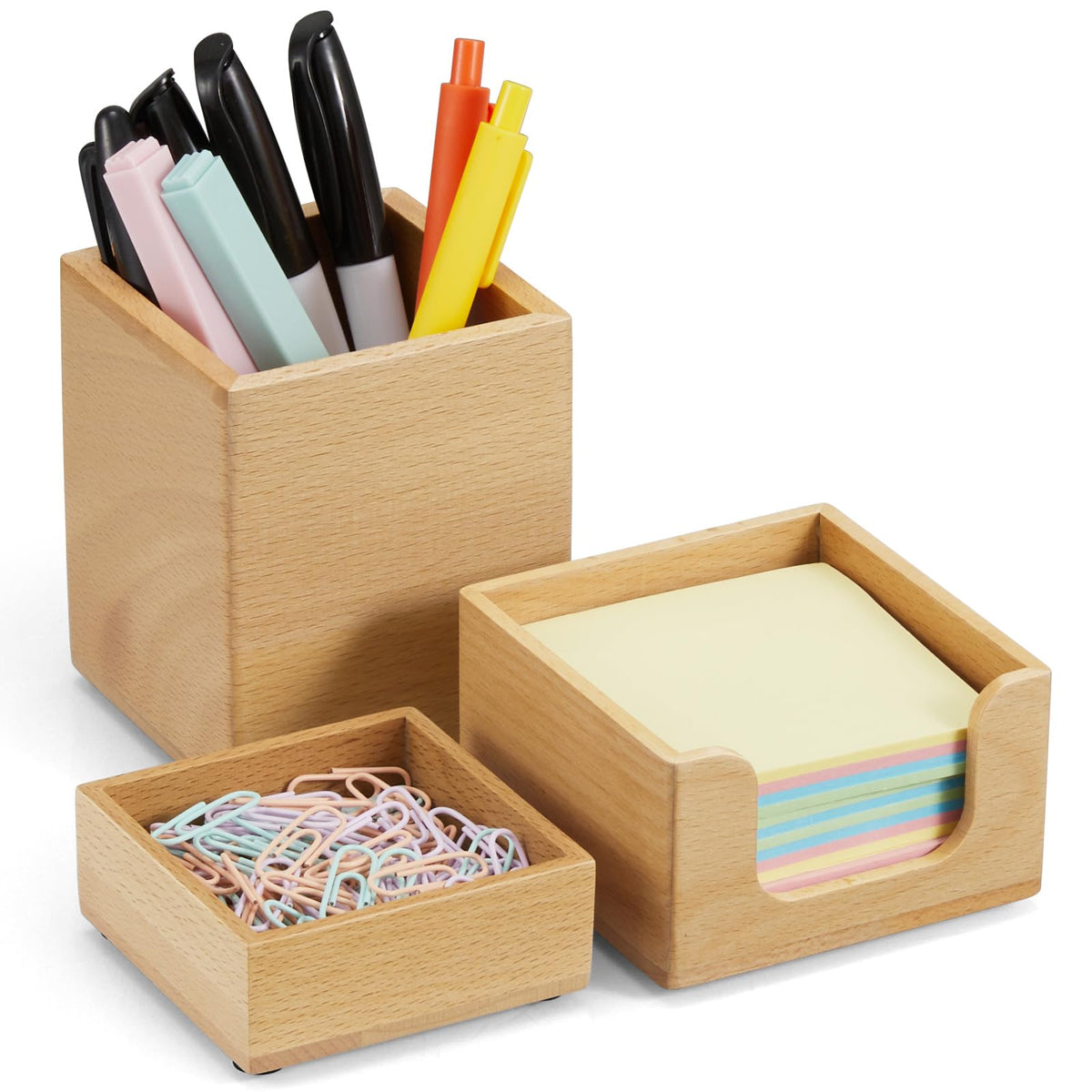 Desk Organizer Set of 3 - Acacia Wood Office Desk Accessories - Desk Organizers and Accessories for Women Men - Set incl. Pencil Pen Holder, Paperclip Storage and Sticky Note Holder