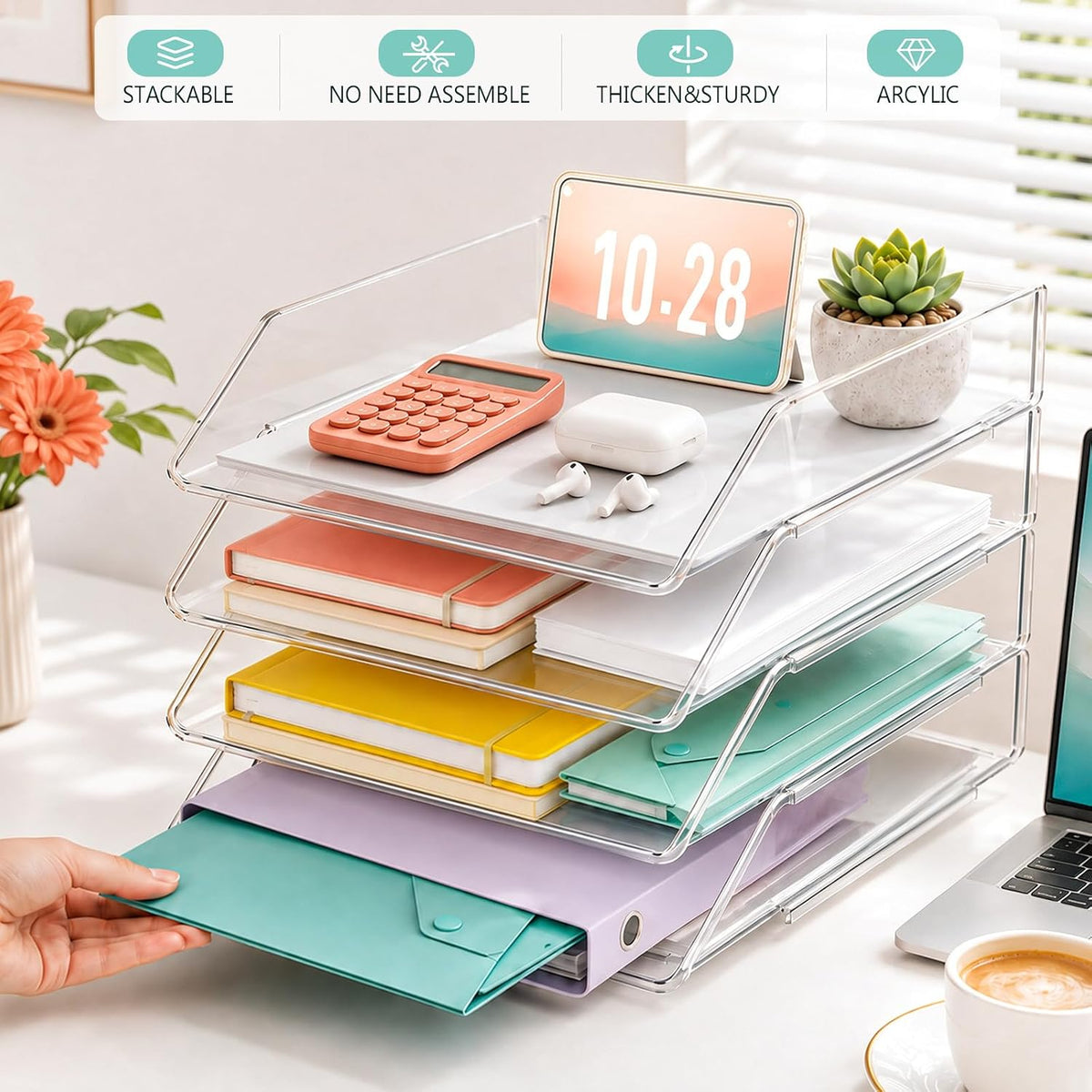 4 Tier Stackable Acrylic Paper Organizer Letter Tray for Desk
