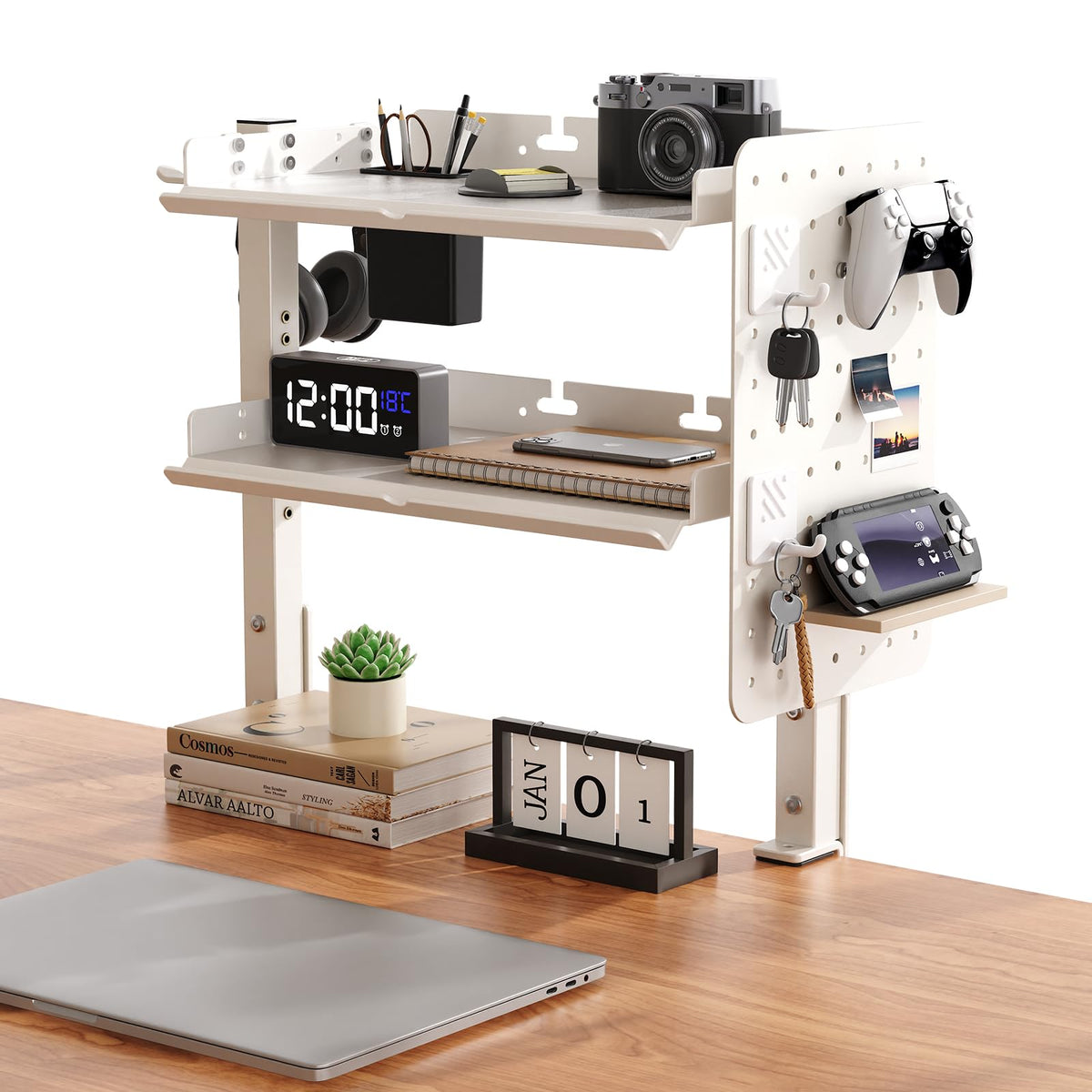 Metal Clamp On Desk Shelf,Storage Shelves with Pegboard and Pencil Holder