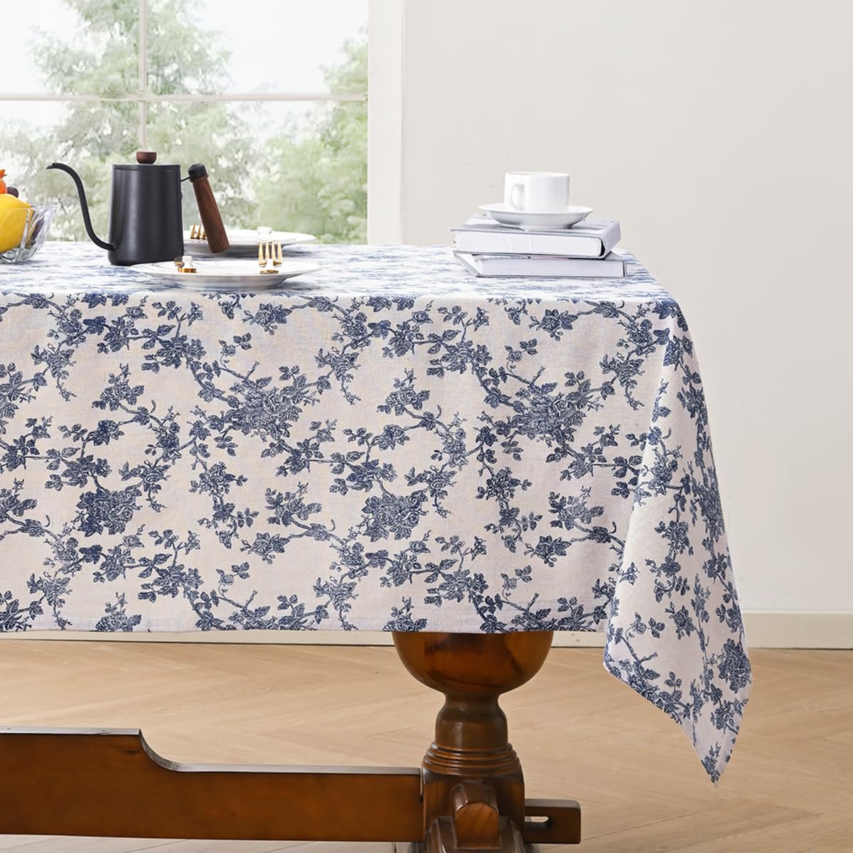 Cotton Linen Round Tablecloth, Blue Floral Table Cloth Round 47"