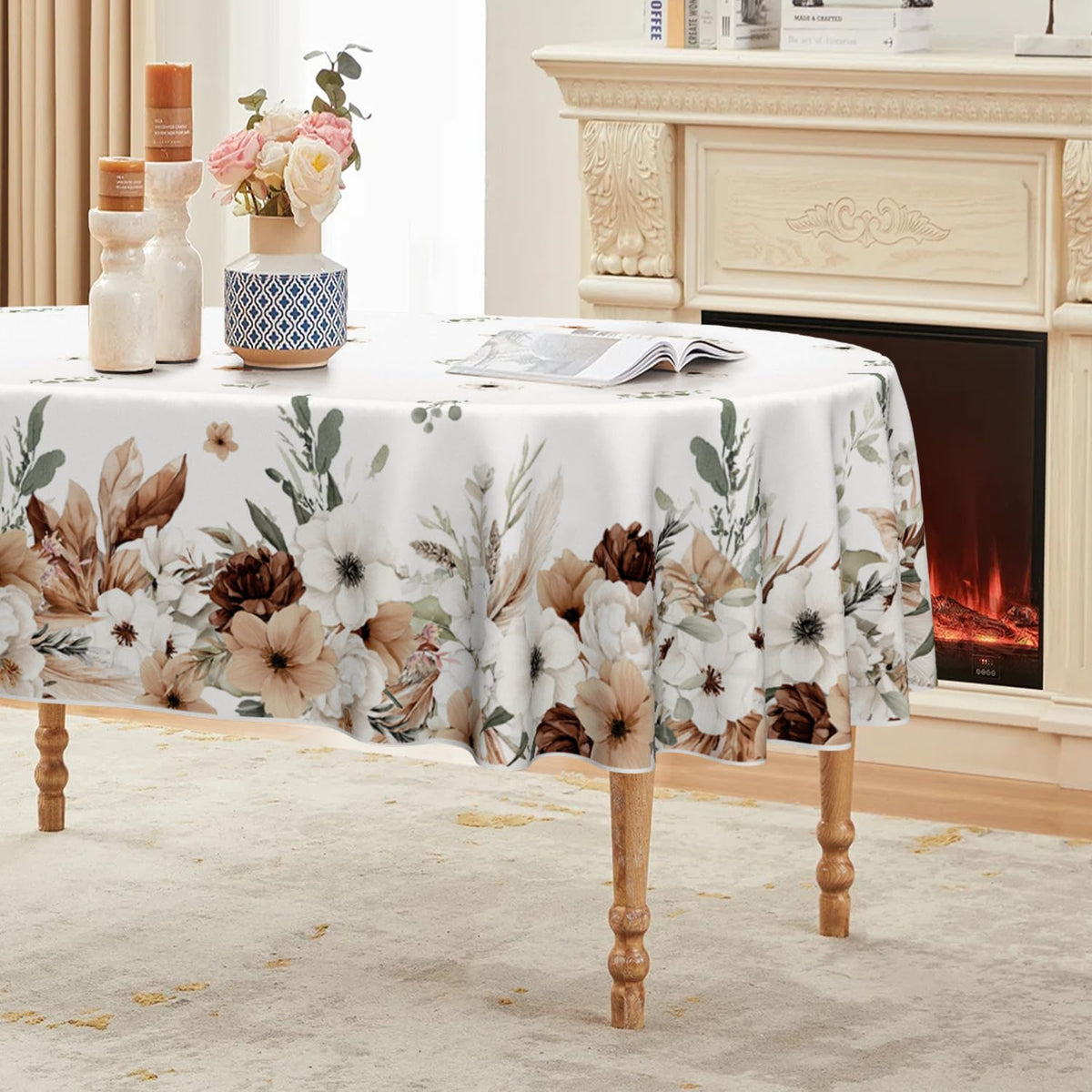 Horaldaily Tablecloth 60×84 Inch Rectangle, Peony Poppy Flower Brown