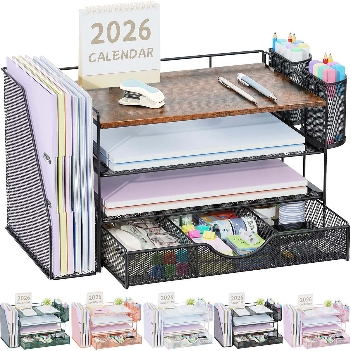 gianotter Desk Organizers and Accessories with File Holder, 4-Tier Desk Accessories & Workspace Organizers with Drawer and 2 Pen Holder, Paper Organizer for Office Supplies (Blue)