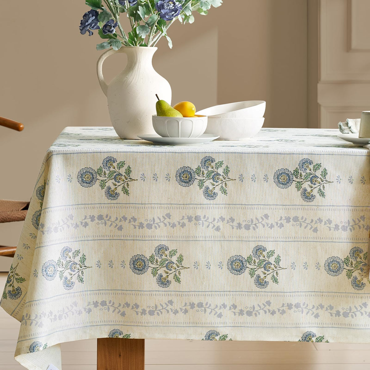 Green Floral Tablecloth Vintage French Rustic Linen Tablecloth Rectangular
