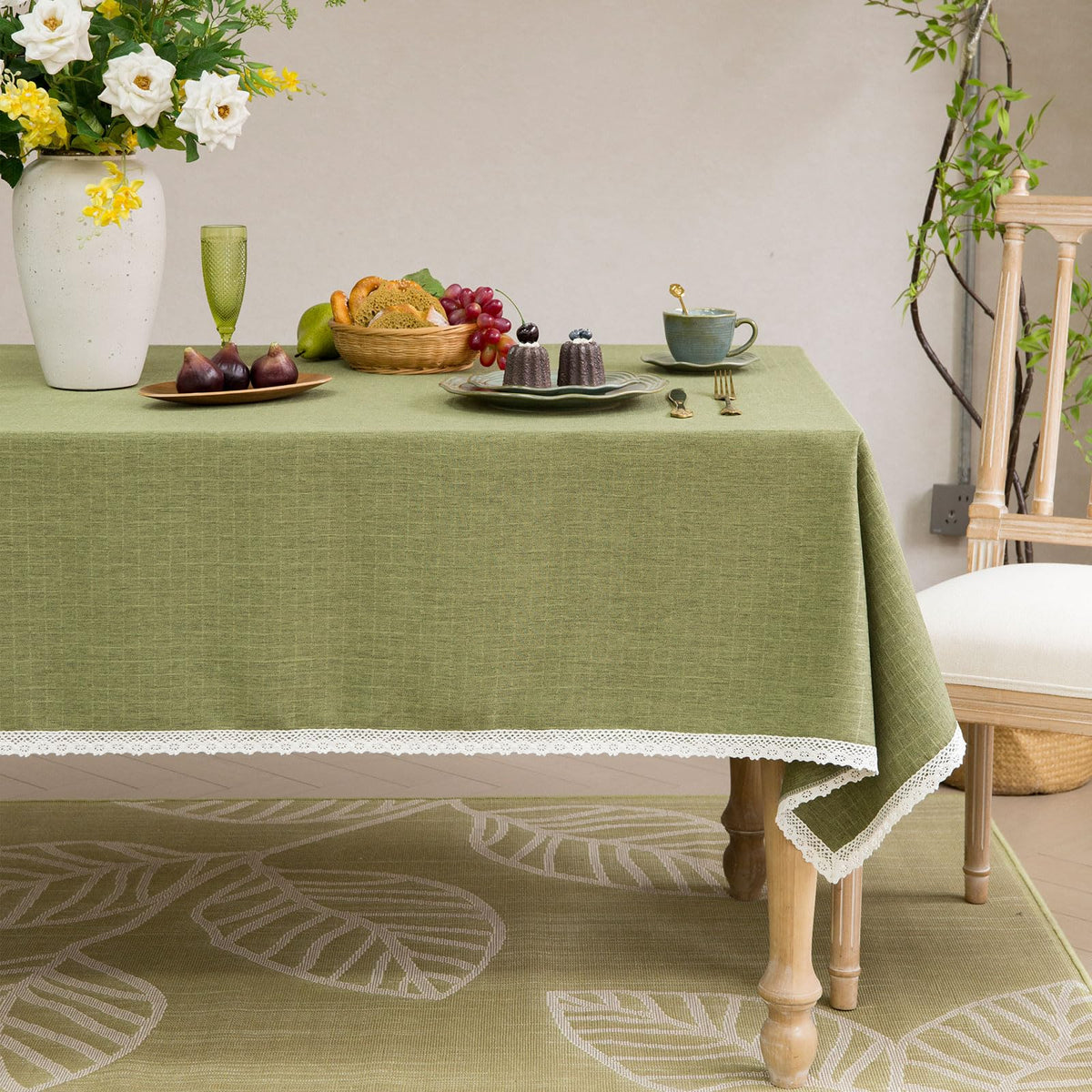 GLORY SEASON Textured Tablecloth Linen-Look Rustic Burlap Style Washable Solid Heavy Weight Lace Trim Rectangle Fabric Table Cloth,Table Cover for Kitchen Dinning Tabletop Decoration 55x70 in Beige