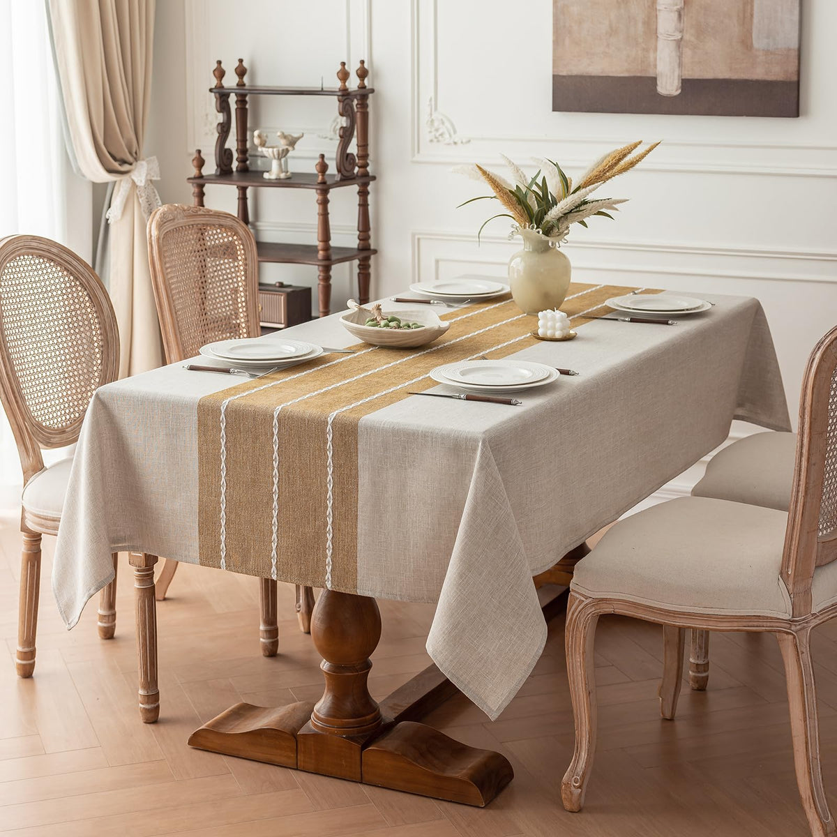 Joyfol Day Rustic Waterproof Linen Tablecloth, Heavy Weight Beige Embroidery Table Cloths for Rectangle Tables, Burlap Farmhouse Table Covers (Coffee Leaves, 55''x 70'')
