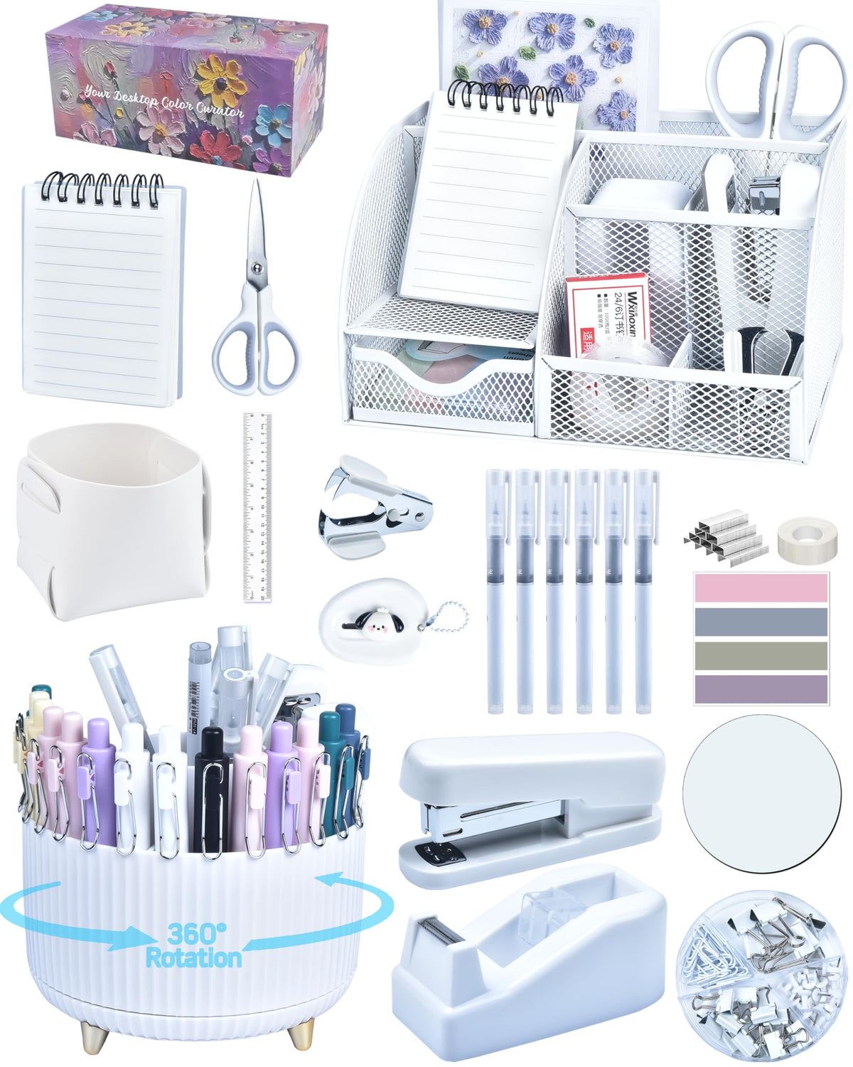 Purple Desk Accessories and Organizers with Desk Organizer and 360°Rotating Pen Holder stapler Pen and a Lot of Office Purple Office Supplies Beautifully Presented in a Gift Box