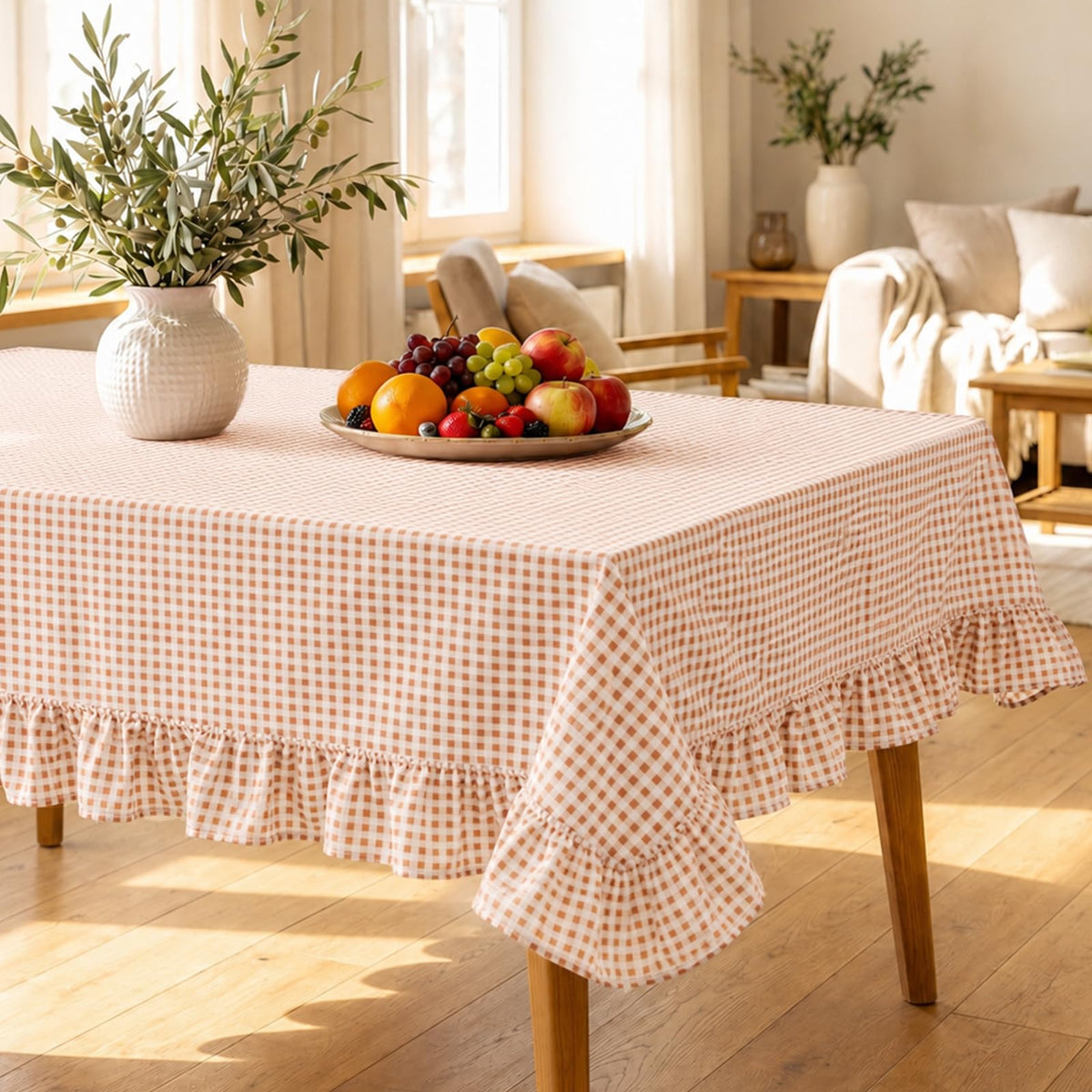 Green White Gingham Ruffled Tablecloth Rectangle 55" x 70" Farmhouse Cotton Plaid Table Cloth with Short Ruffle, Checker Table Cover for Boho Dining Room Kitchen Picnic Home Party Decoration