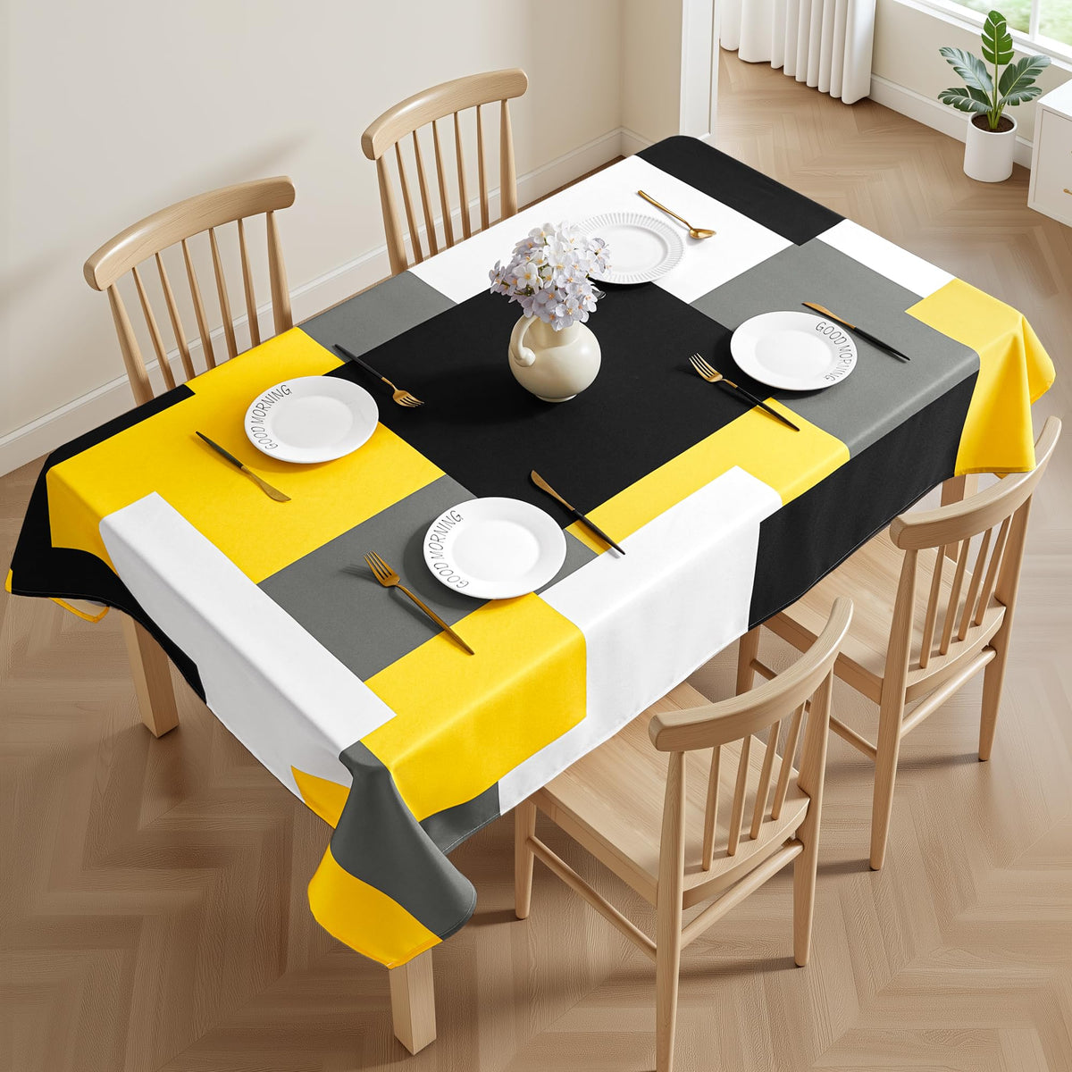 Tyrot Black Grey White Rectangle Tablecloth Modern Geometric Table Cover Waterproof Wrinkle Resistant Table Cloth for Dining Kitchen Party Picnic Patio Indoor and Outdoor 60x84 Inches