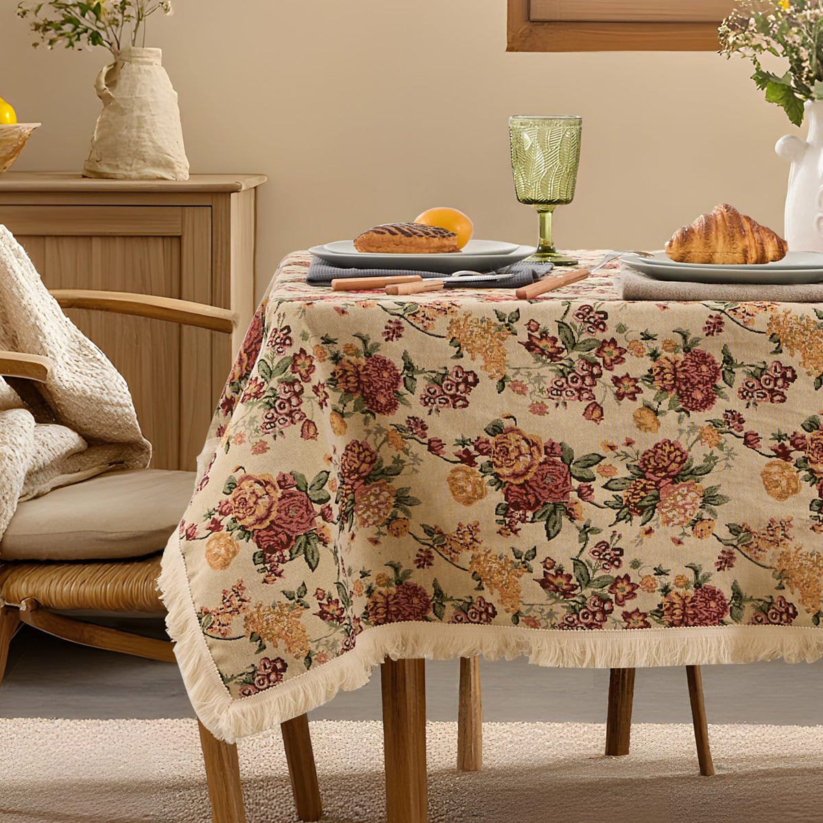 Farmhouse Floral Tablecloths Rectangular Vintage Table Cloth with Tassel