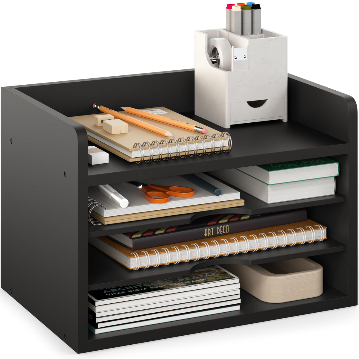 Ballucci File Organizer, 2-Tier Document Paper Sorter, Stackable Wood Desk Organizer Mail Holder, Monitor Stand with Storage Shelves, Black
