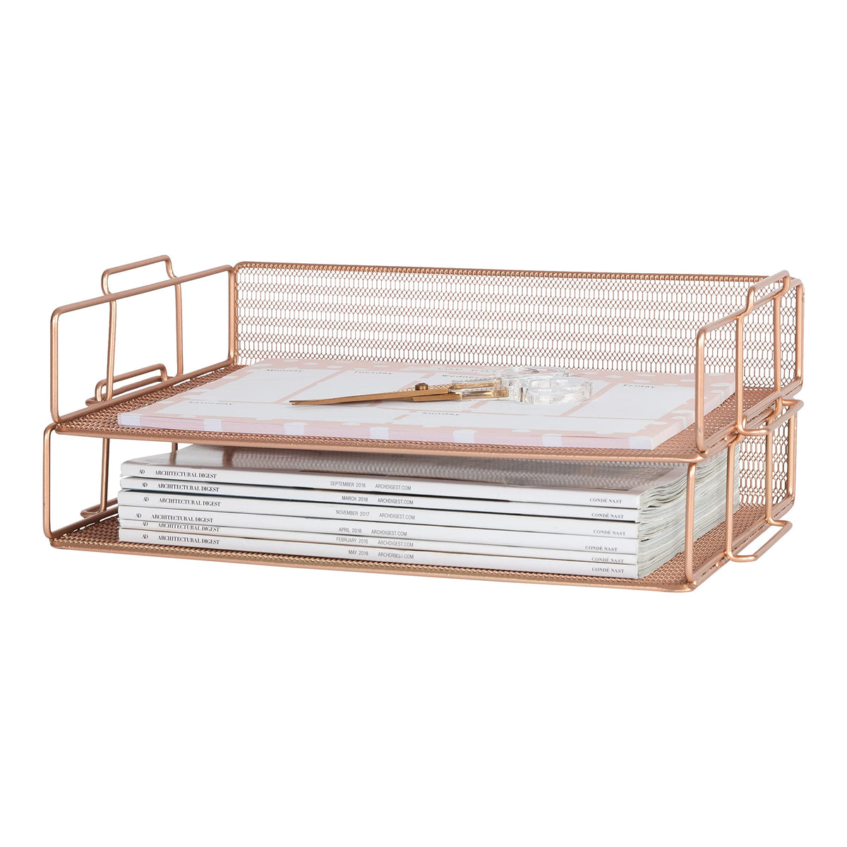 BLU MONACO | Paper Tray Stackable Gold Mesh Set of 2 | Stackable File Trays for Desk Organization | Tiered Desk Organizer with Metal Letter Trays