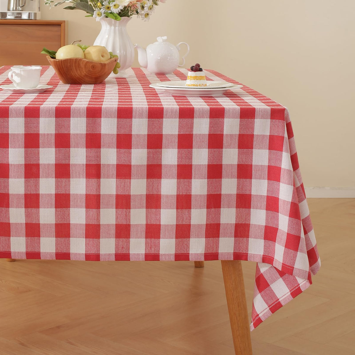 Alsoo Checkered Tablecloth Rectangle Washable Buffalo Plaid Table Cloth Cotton Linen Gingham Table Cover for Picnic Kitchen Dining Room, Beige and White, 60 * 75