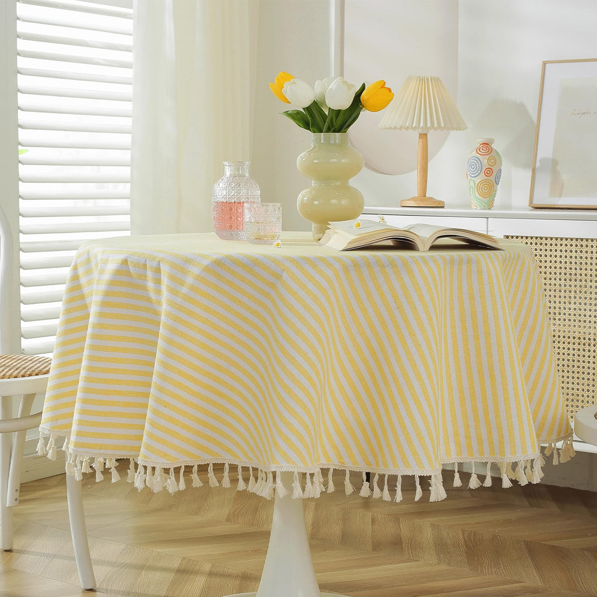 meioro Table Cloth Blue White Striped Tablecloth Tassels Cotton Blend Dust-Proof Table Cover for Dining Coffee Buffet Kitchen Picnic Tables, Parties Indoor Outdoor Square Tablecloths (36x36 Inch)