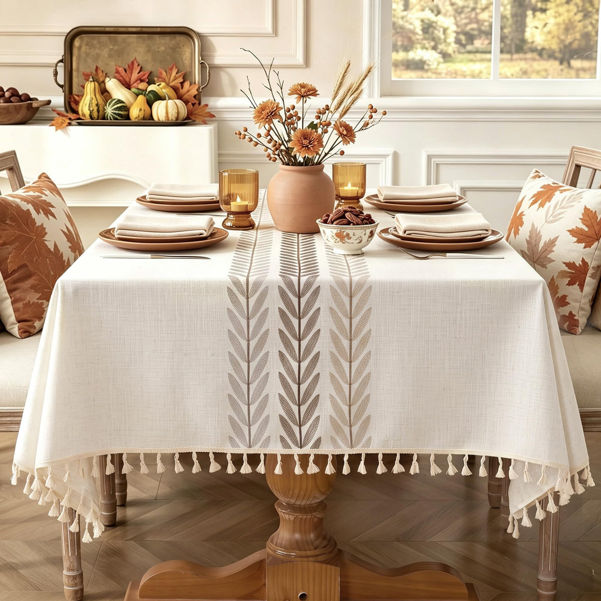 Laolitou Cotton Linen Waterproof Table Cloth for Dining Table Farmhouse Kitchen Rectangle Tablecloth Coffee Wrinkle Free Tables Cover, Beige, Coffee Flower, 55x70 Inch
