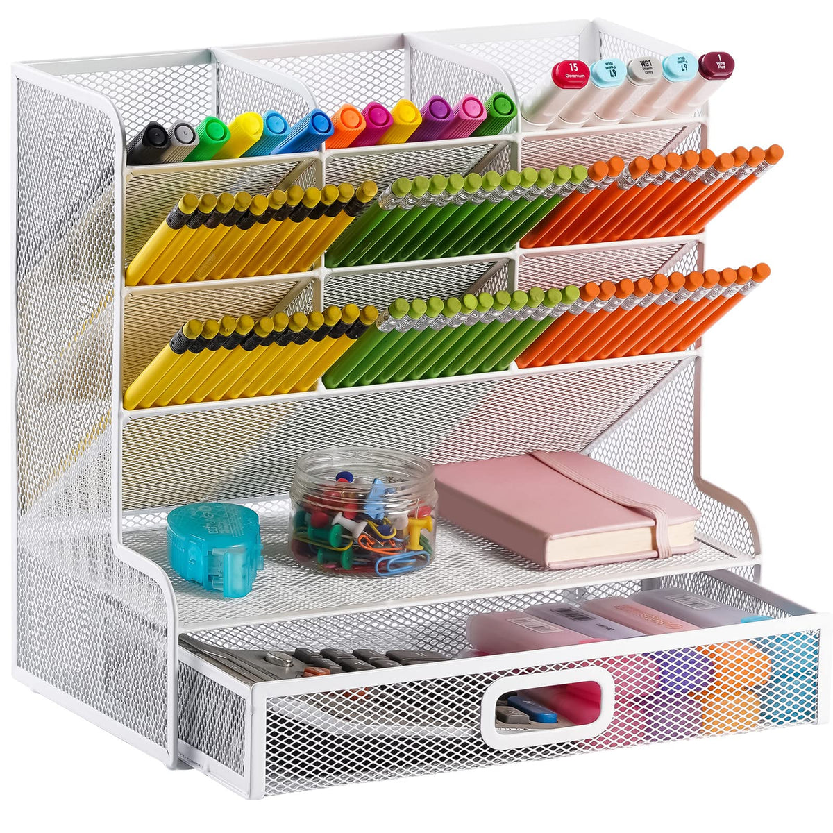 Marbrasse Larger Mesh Desk Organizer with Drawer, Multi-Functional Pen Pencil Holder, Easy Assembly, Desk Organizers and Accessories for Office Art Supplies (Black)