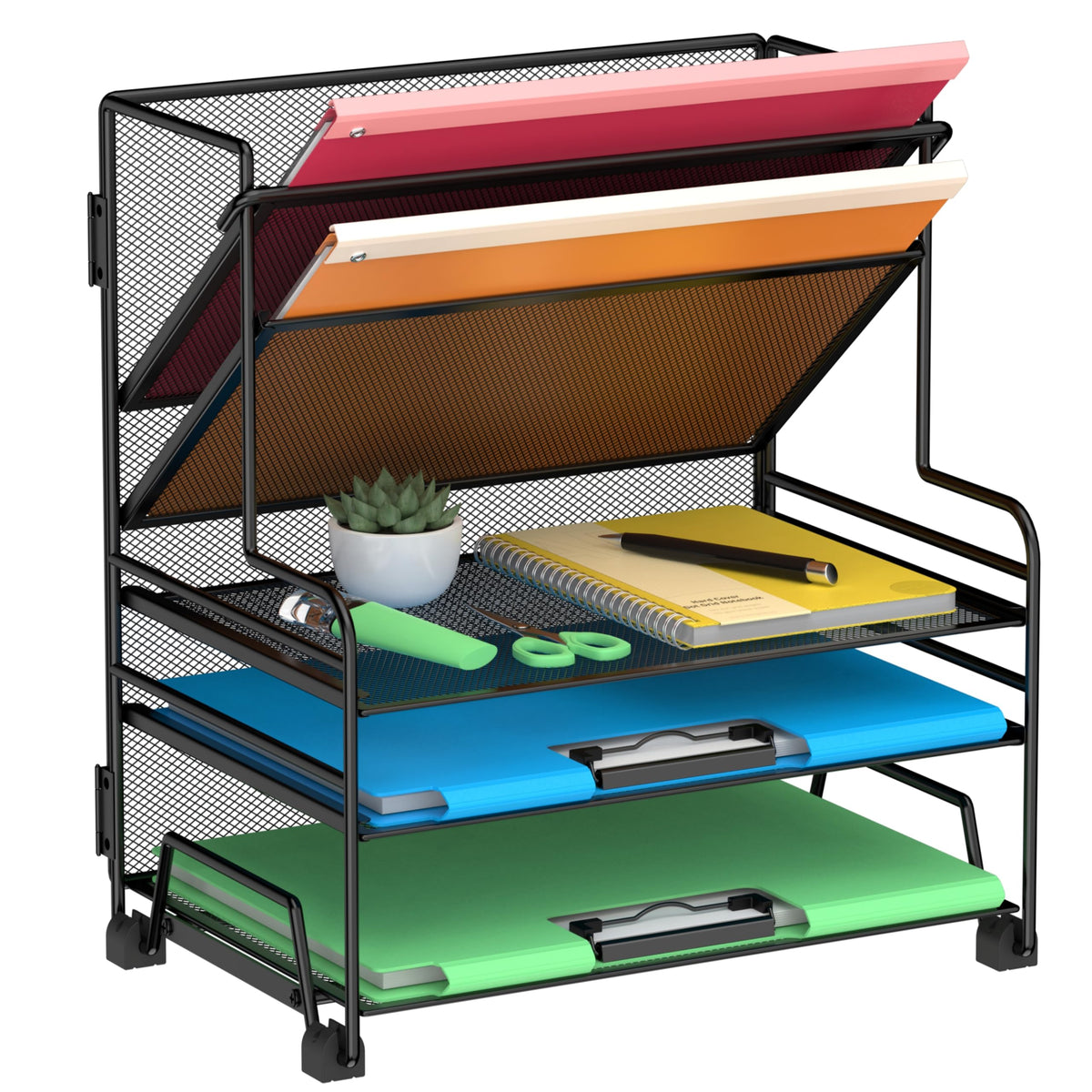 5 Tier Desk Organizer with Drawer & Pen Holders, Desk File Organizer Letter Tray Paper Organizer, Black