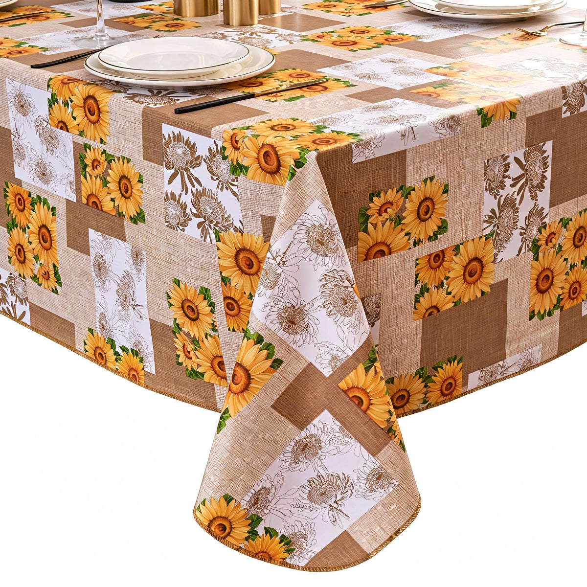 Pioggia Vinyl Tablecloth with Flannel Backing - Waterproof, Oil-Proof, Easy to Clean -Plastic Table Cloth - Perfect for Dining Tables, Kitchen Tables, Parties (Beige Flower, 54×72 Inch Rectangular)