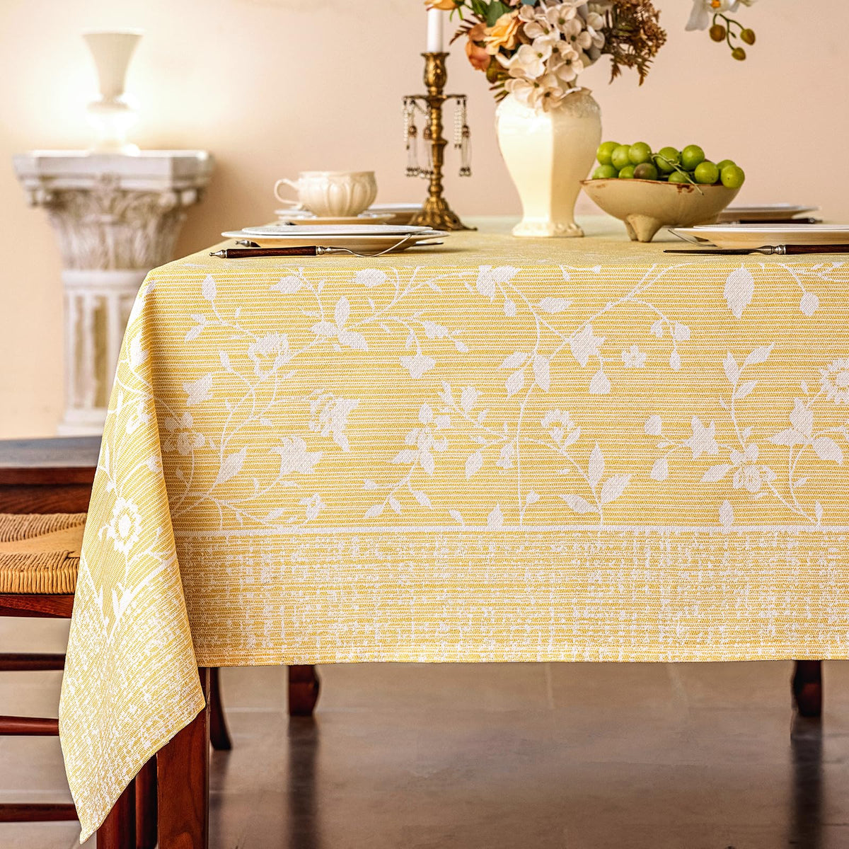 Midsummer Breeze French Country Beige Floral Tablecloth Rectangle 60”x75”