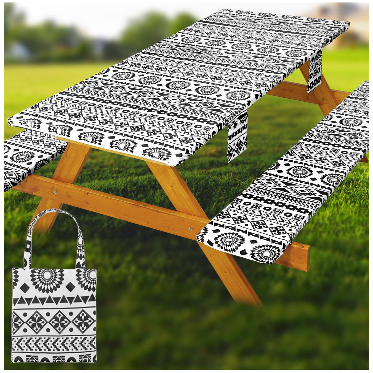 Fitted Picnic Table Cover with Bench Covers Vinyl Waterproof Elastic Edges Fitted Rectangle Tables Patio Tablecloth Camping Gear and Essentials Rv Accessories Road Trip Supplies Car Travel Must Haves