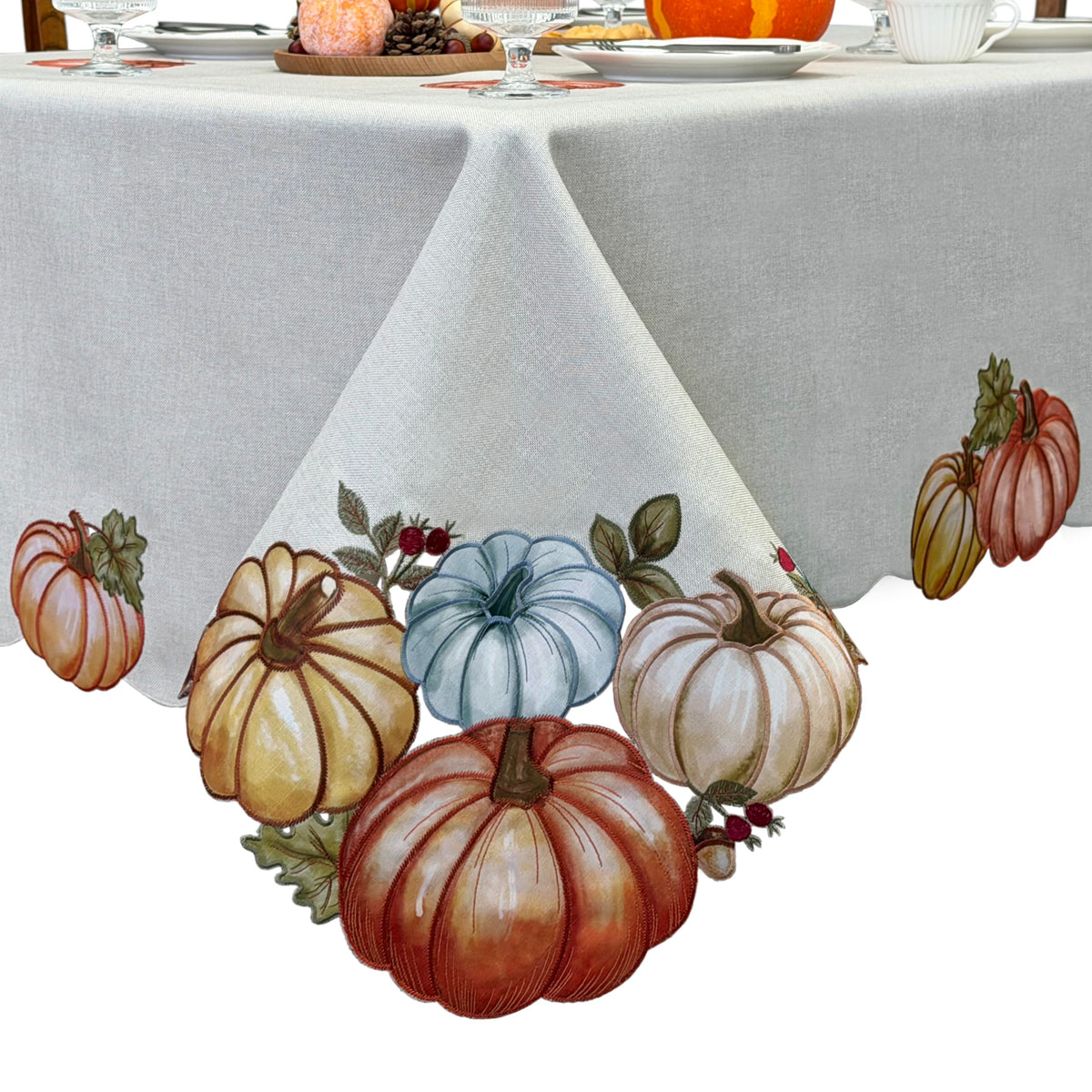 KEVA Fall Tablecloth 60x84 Inch, Autumn Pumpkin Cutwork Embroidered Tablecloth, Harvest Thanksgiving Table Decor for Kitchen Dining Table