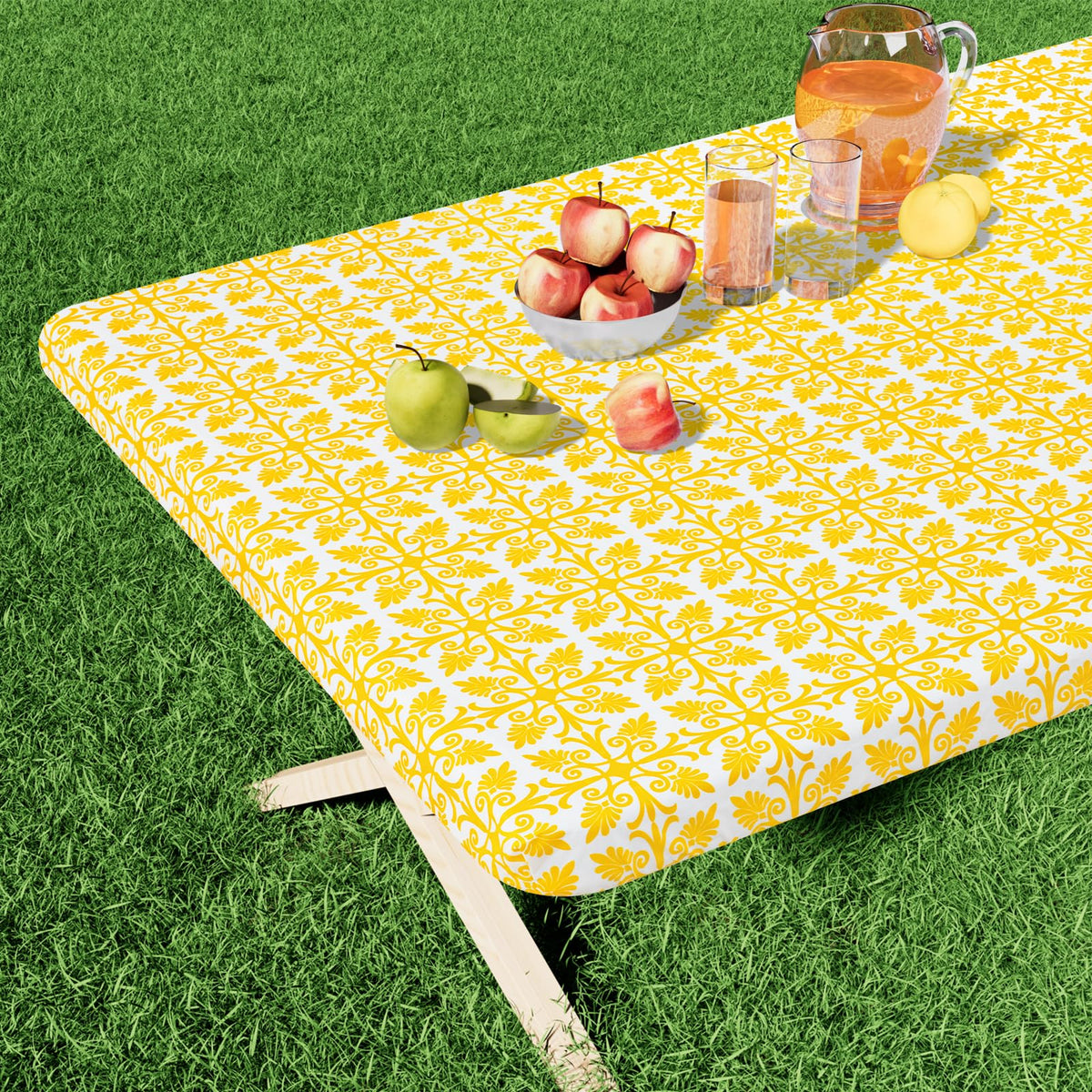 misaya Rectangle Vinyl Table Cloth, Elastic Fitted Flannel Backed Tablecloth, 100% Waterproof Plastic Table Cover Fits 4 Foot Folding Tables for Picnic, Camping, Outdoor (Khaki, 30" x 48")