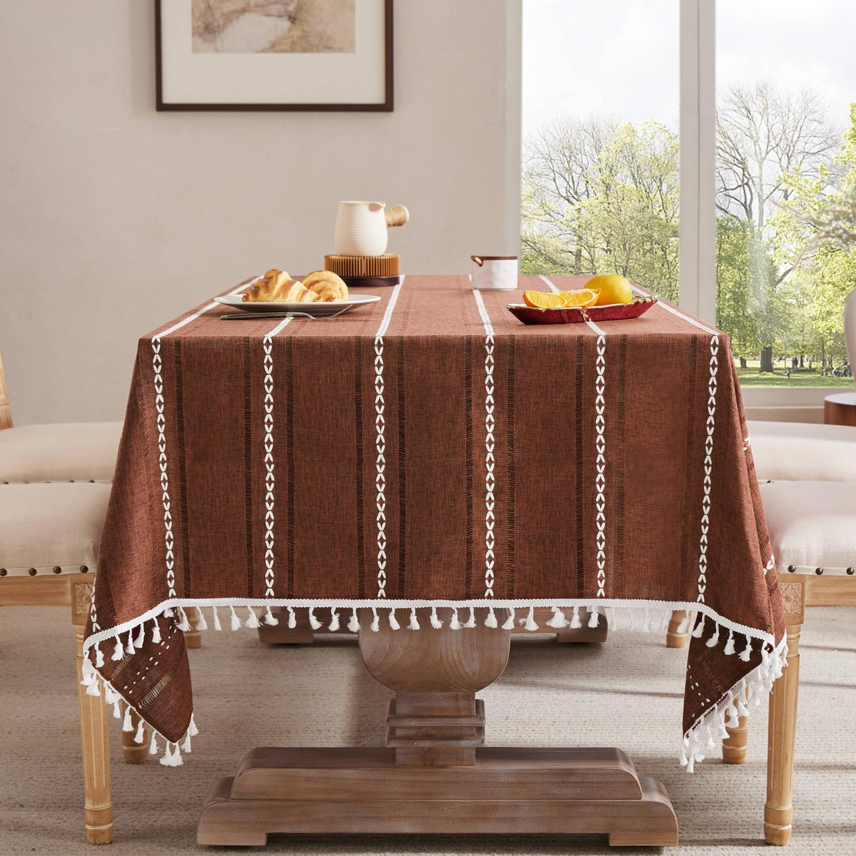 ZeeMart Hemstitched Striped Boho Table Cloth, 54x70 Inch Natural