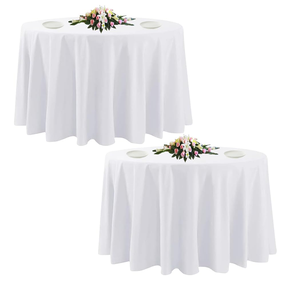 10 Pack White Round Tablecloths, 120 Inch Stain Resistant and Wrinkle Polyester Fabric Washable Table Clothes Cover for Kitchen Dining, Wedding, Reception Banquet, Birthday Party, Buffet Restaurant