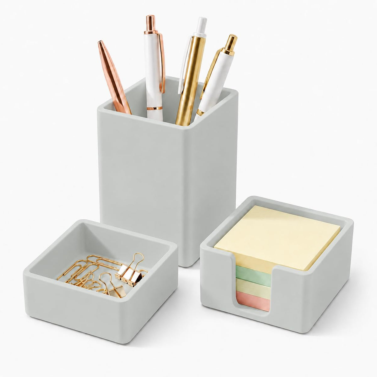 minimaliving Aesthetic Silicone Desk Organizer Set of 3,Modern Office Desk Accessories with Pen Holder,Paperclip Tray,Sticky Note Holder,Stylish Functional Office Desk Decor for Back-to-school(Beige)