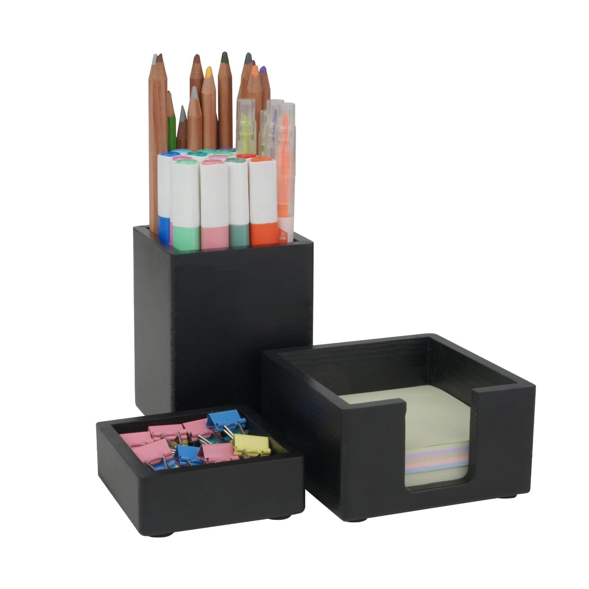 RAWILL 3 PCS Brown Wooden Desk Organizer Set Pine Wood Office Desk Accessories with Pen Holder, Paperclip Storage and Sticky Note Holder, Wood Grain Clear, Ideal Gift for Office and Family