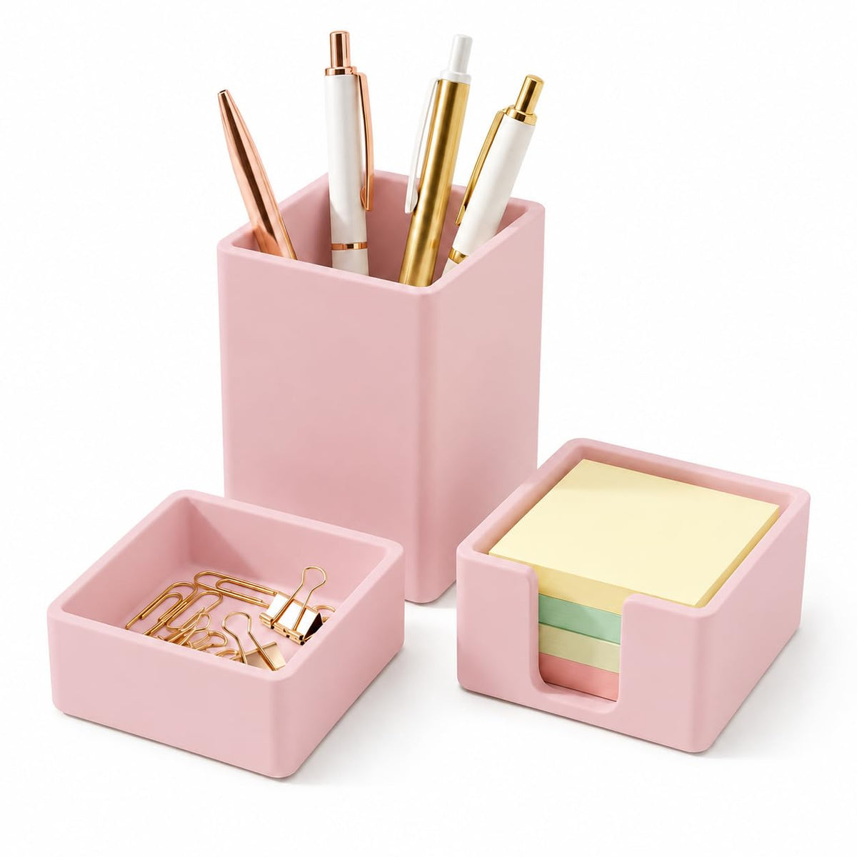 minimaliving Aesthetic Silicone Desk Organizer Set of 3,Modern Office Desk Accessories with Pen Holder,Paperclip Tray,Sticky Note Holder,Stylish Functional Office Desk Decor for Back-to-school(Beige)