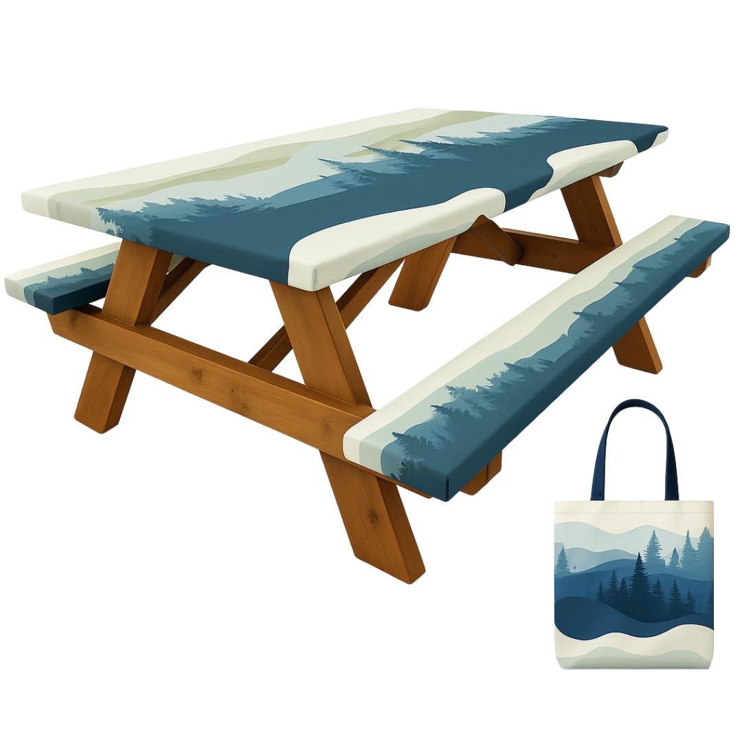 RNOONY Vinyl Fitted Picnic Table Cover with Bench Covers & Bag, 6 FT Outdoor Waterproof & Windproof Durable Tablecloth with Elastic Edges, Camping Essentials, RV Gear, 72x30 Inches - Black Checkered