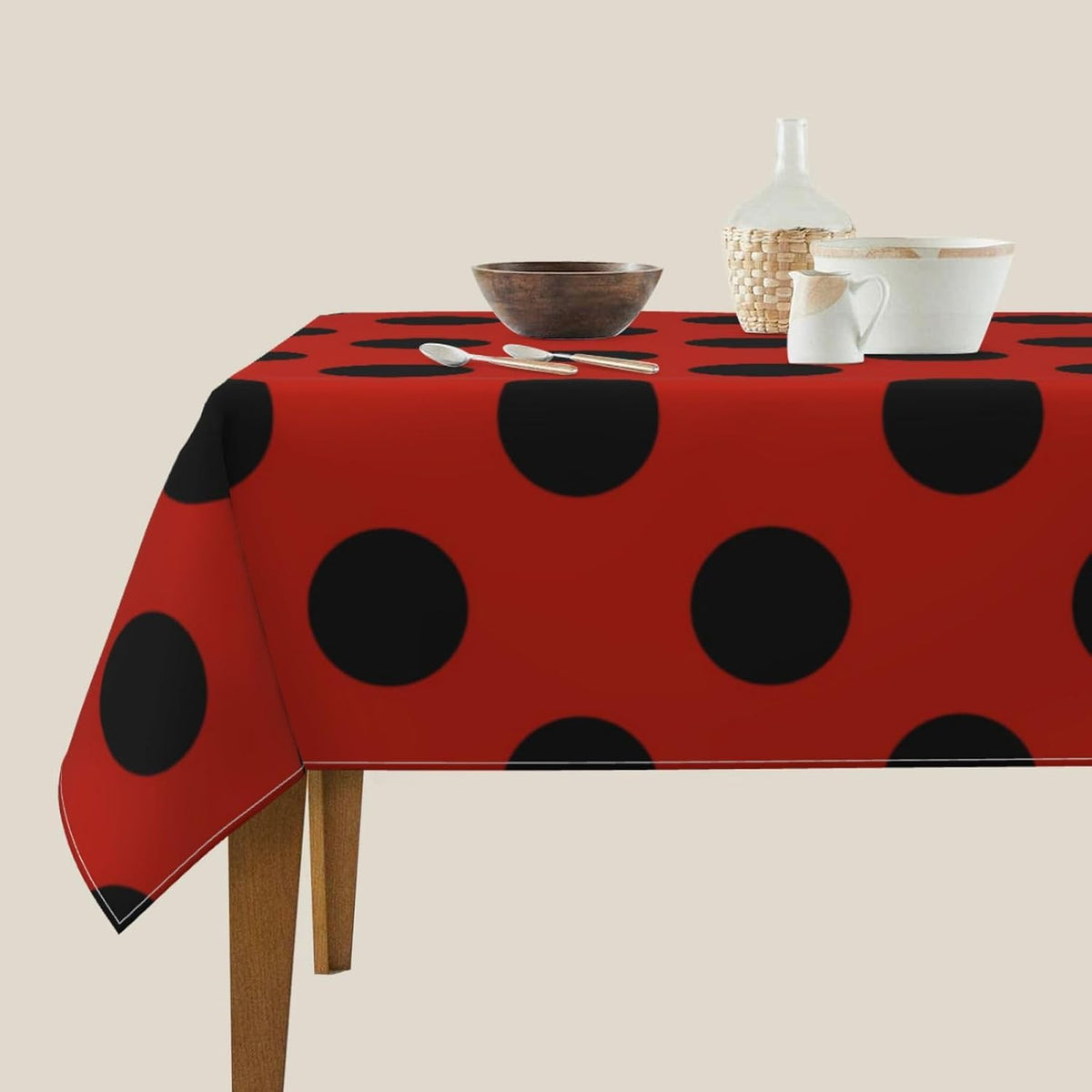 Square Tablecloth Black Polka Dots on Red Table Cover Washable Table Cloths for Kitchen Dinning Party Tabletop Modern Decoration 60 x 60inch