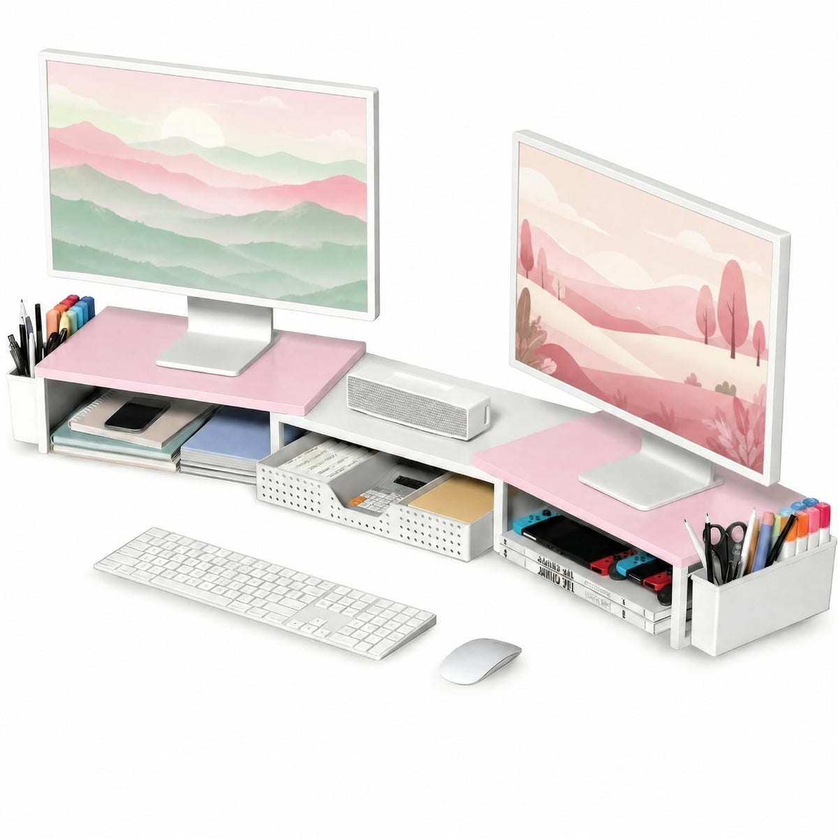 OPNICE Desk Organizers and Accessories, Dual Monitor Stand Riser with Drawer and 2 Pen Holders, Desk Shelf Computer Racks & Printer Stand for Office Workspace Organizers, Desktop Organization (Purple)