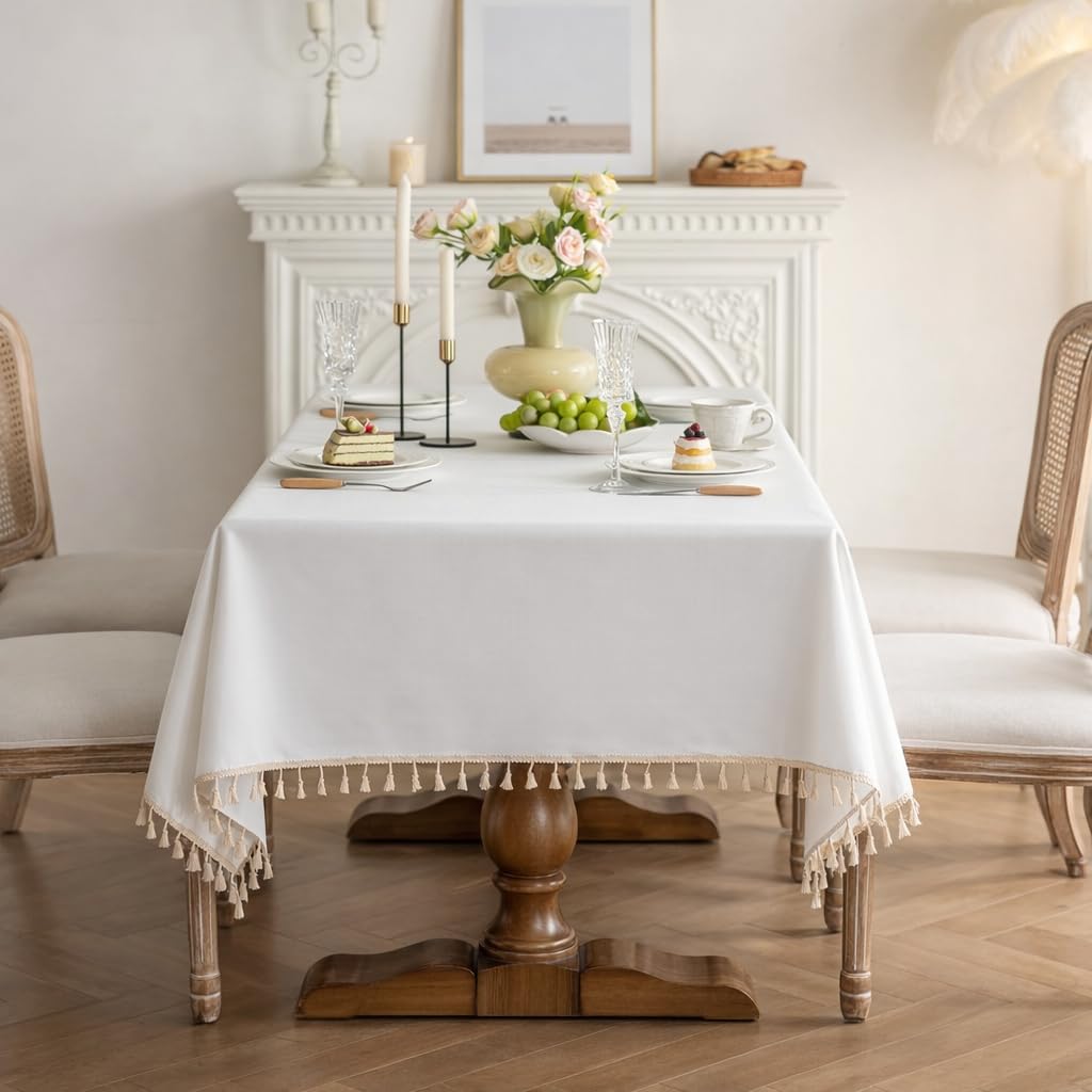 Heavyweight Polyester Square Tablecloth with Tassels, Warm Beige, 55 x 55