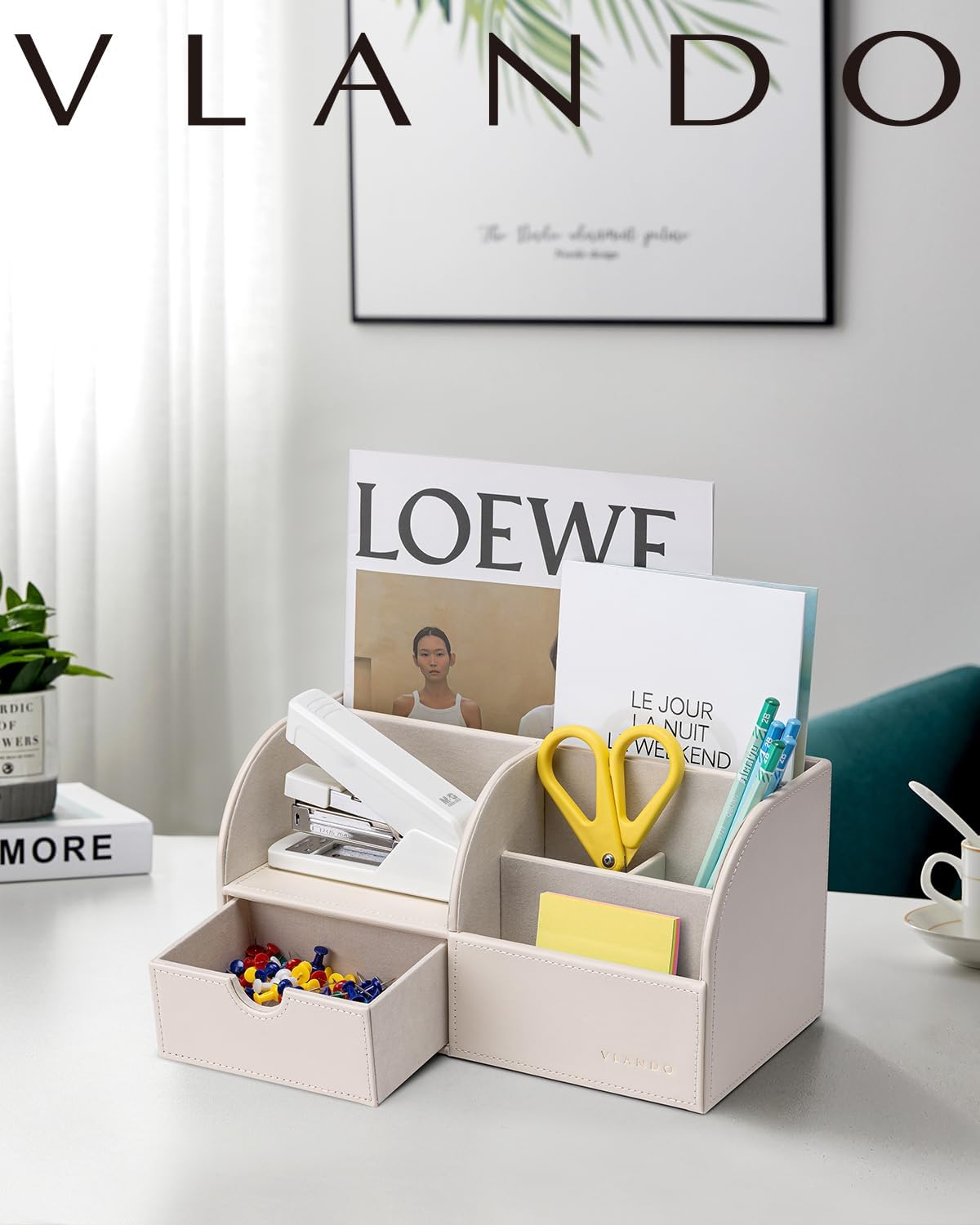 VLANDO Office Desk Organizer Leather Desktop Organizer Caddy with Drawer for Storing Desktop Supplies and Accessories (White)