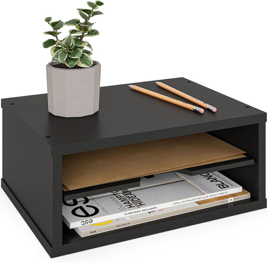 Ballucci File Organizer, 2-Tier Document Paper Sorter, Stackable Wood Desk Organizer Mail Holder, Monitor Stand with Storage Shelves, Black