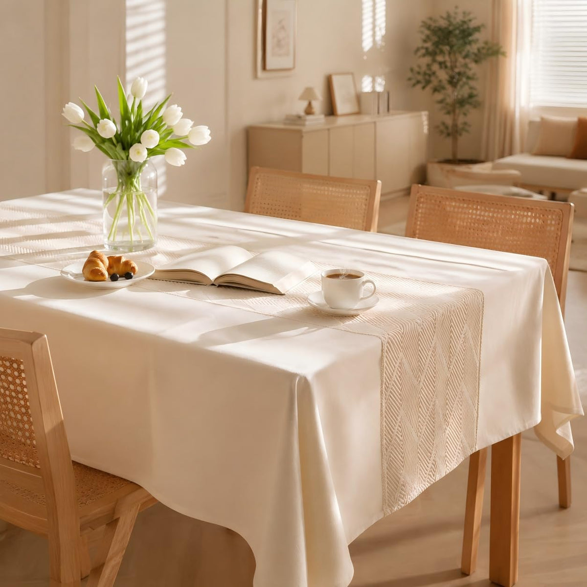 Nordic Beige Rectangular Tablecloth, Premium Drape