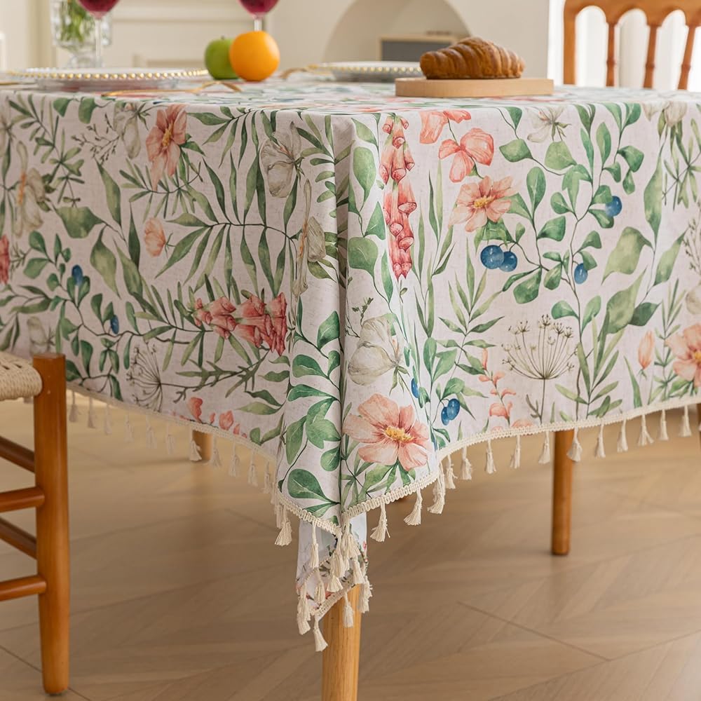 Boho Tablecloth for Square Tables,Fringed Edges with Geometric Pattern Tablecloths,Farmhouse Floral Table Cover Cloth Decorative for Kitchen Dining Room,59"x 59"