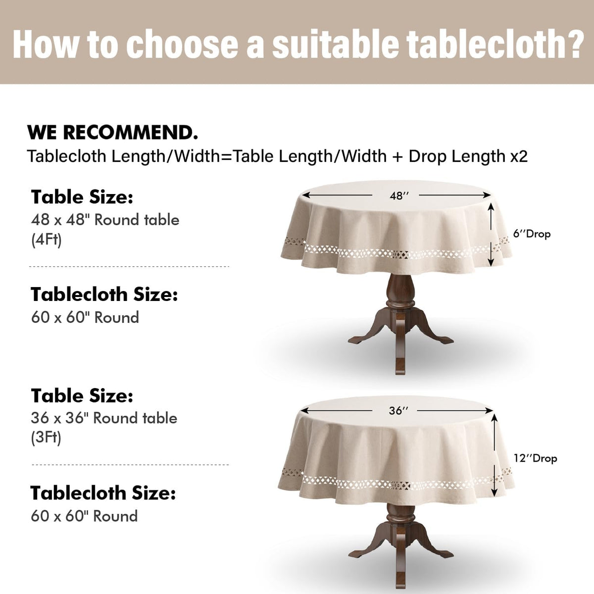 MIULEE Beige 60 Inch Round Linen Tablecloth with Decorative Cutouts