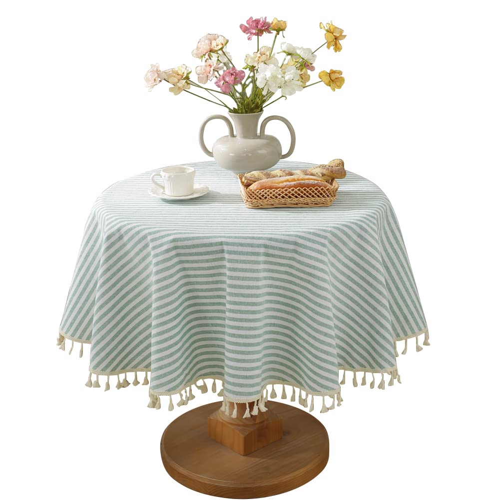 meioro Table Cloth Blue White Striped Tablecloth Tassels Cotton Blend Dust-Proof Table Cover for Dining Coffee Buffet Kitchen Picnic Tables, Parties Indoor Outdoor Square Tablecloths (36x36 Inch)
