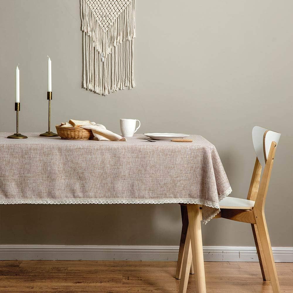 GLORY SEASON Linen Rustic Burlap Washable Tablecloth,Solid Heavy Weight Tan 55 x 70 Rectangle Overlay Lace Edge Table Cover for Kitchen Dinning Decoration