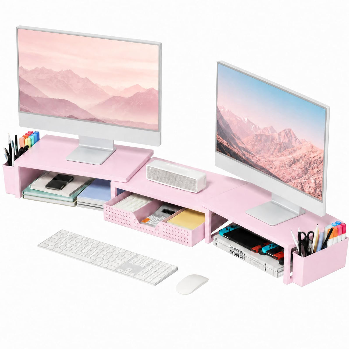 OPNICE Desk Organizers and Accessories, Dual Monitor Stand Riser with Drawer and 2 Pen Holders, Desk Shelf Computer Racks & Printer Stand for Office Workspace Organizers, Desktop Organization (Purple)